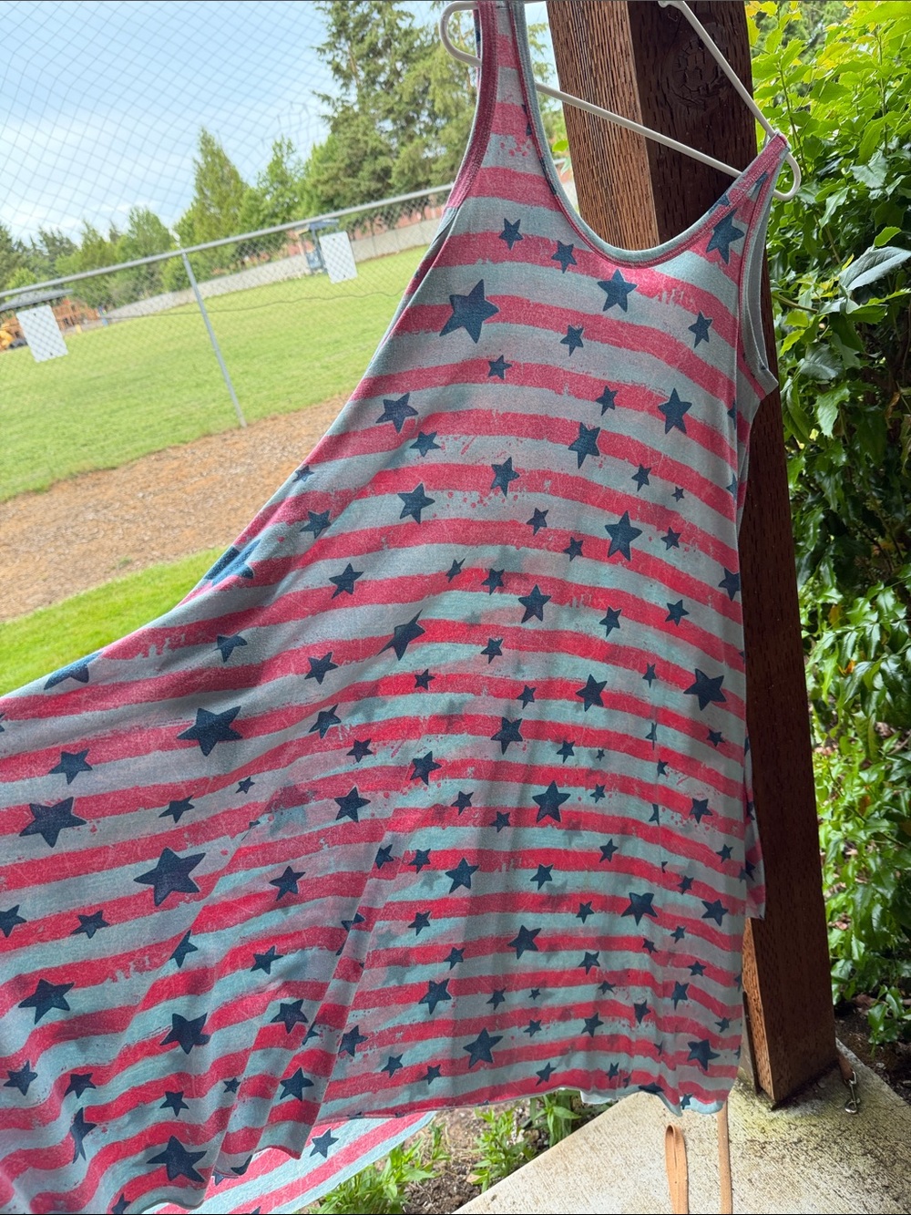 Oversized Dress with Pockets in Red and Blue stripes and stars.